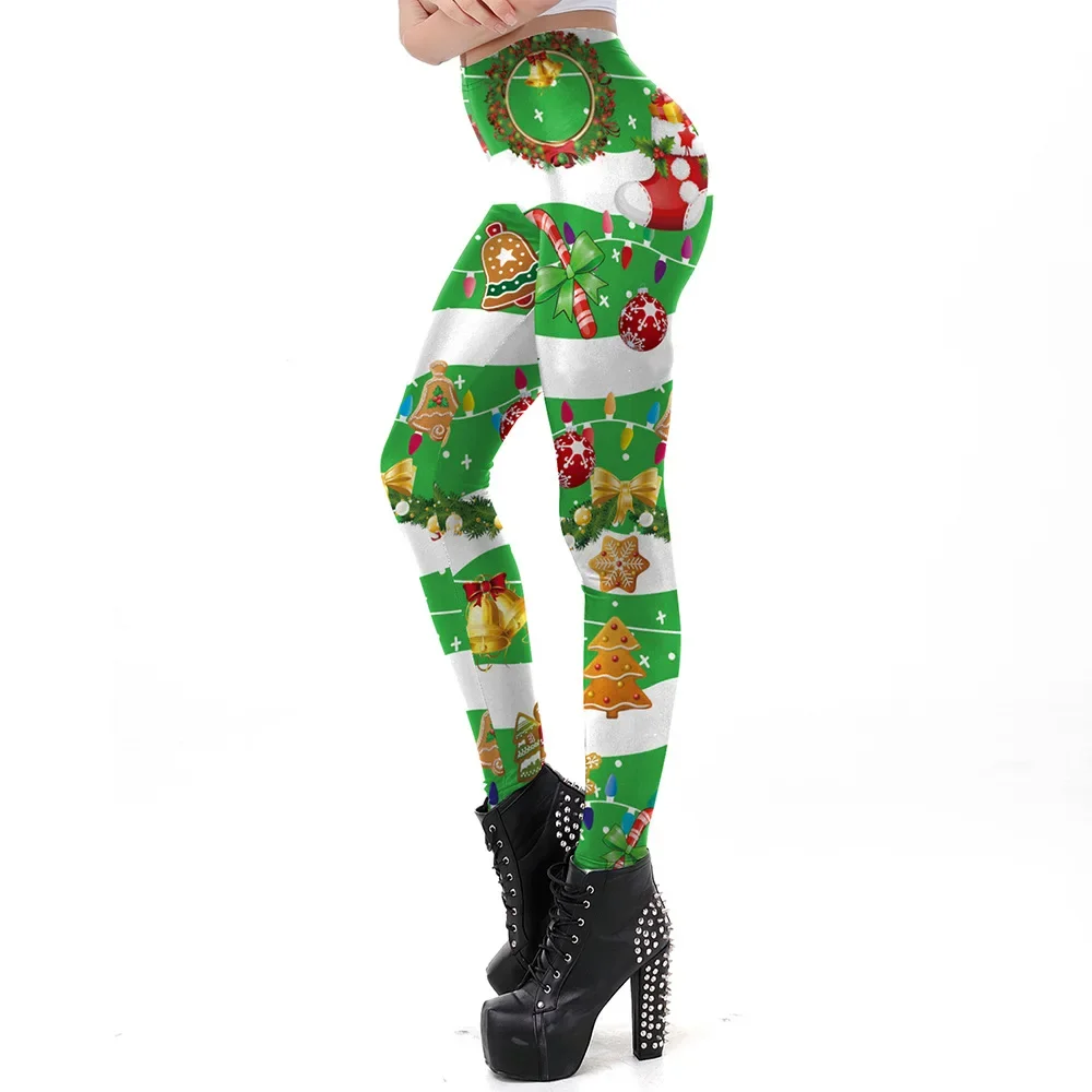 Nadanbao Santa Claus Stripe Printing Leggings Women Sexy Green Funny Elastic Tights Trousers Female Mid Waist Holiday Pants