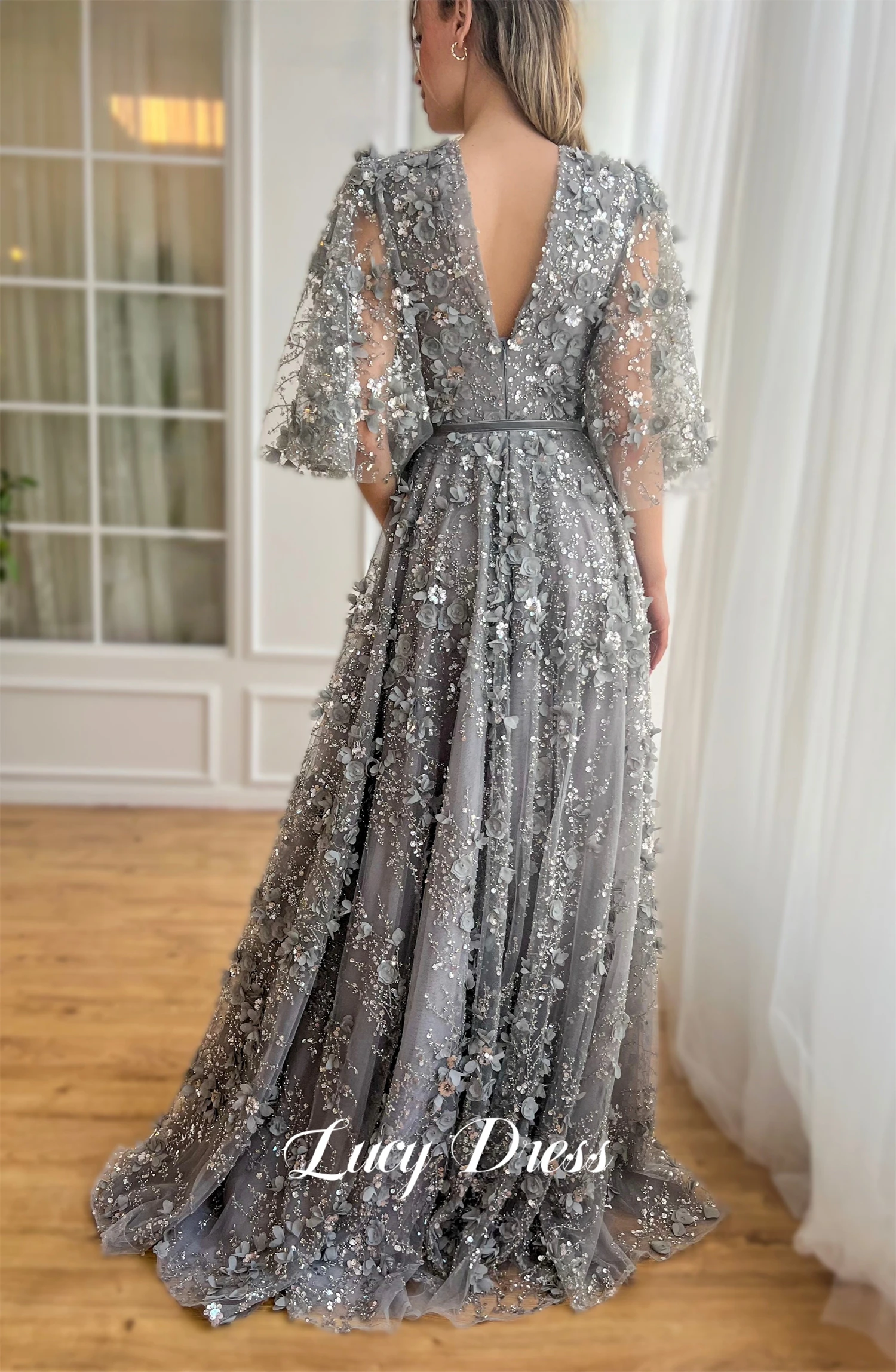 Wedding Party Ball Gown Grey Evening Dress Graduation V-neck Elegant Dresses for Ladies Evones Prom Deess Long Gala Customized