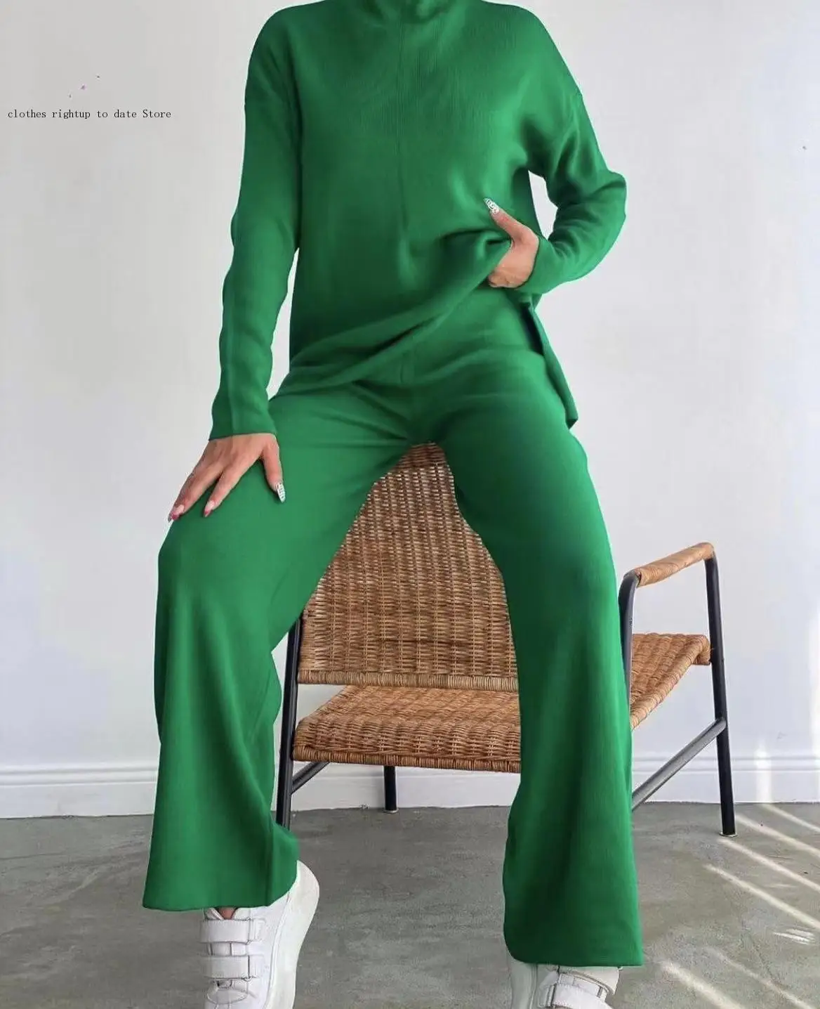 Fall/winter Simple Long Sleeve Loose Casual Sweater Knitted Top Pants Wide Leg Pants Two-Piece Suit