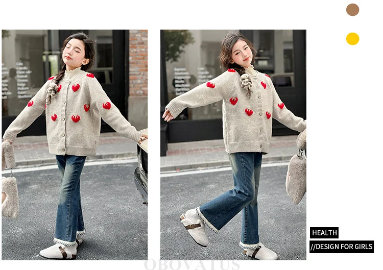 Hochwertige Kinder-Strickjacke in Khaki mit Erdbeer-Motiv für Mädchen, Lässiger Knopfpullover, Modische Strickoberteile für Teenager, Kinder-Streetwear – Detail 7