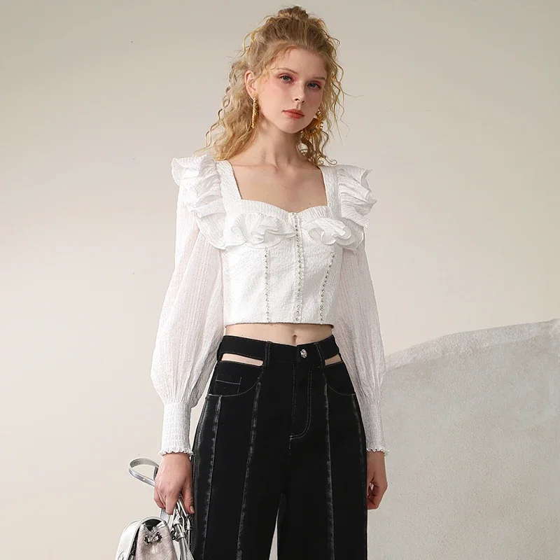 LEOSOXS Elegant Temperament White Square Neck Long-sleeve Shirt Autumn New Slim-fit Organza Ruffle Slim-fit Blouse Girl Crop Top