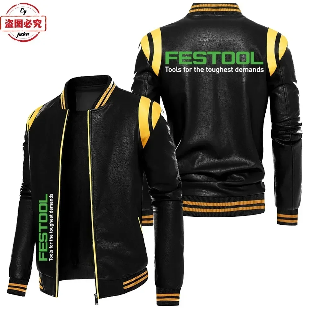 Festool Logo Printed Work Clothes Spring and Autumn Vintage Washed PU Leather Jacket Winter Plush Windproof Men's Jacket