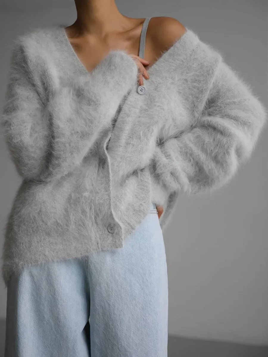 Fluffy Cardigan Women Vintage Knitted Sweater Female Elegant Fashion Imitation Mink Jumper Ladies Casual Loose V-Neck Cardigans