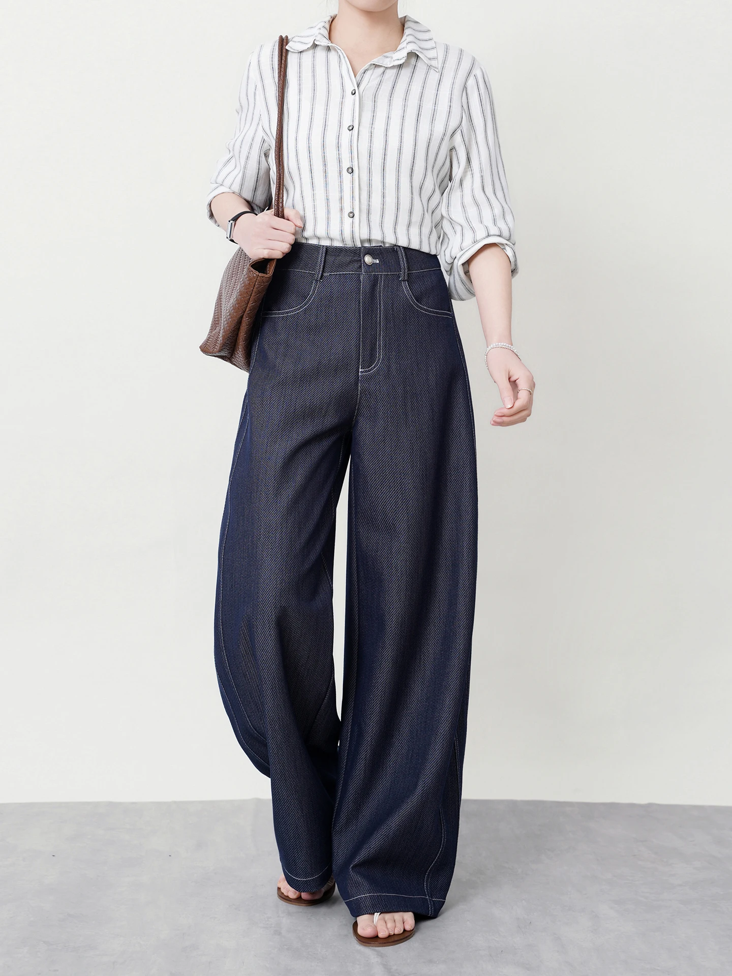 

High Waist Wide Leg Blue Original Denim Women's Casual Pants Spring Autumn Chic Cut Loose Fit Trousers for Ladies