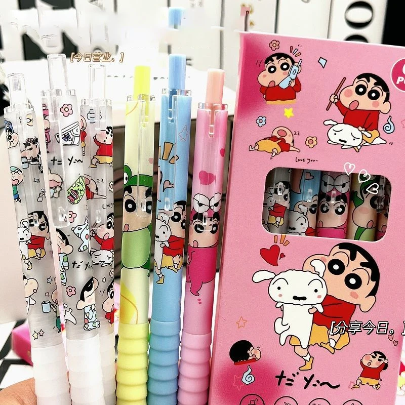 6Pcs Kawaii Crayon Shin-Chans Nohara Shiros Pressing Neutral Pen Signature Pen 0.5Mm Black St Pen Head Quick Drying Girls Gift