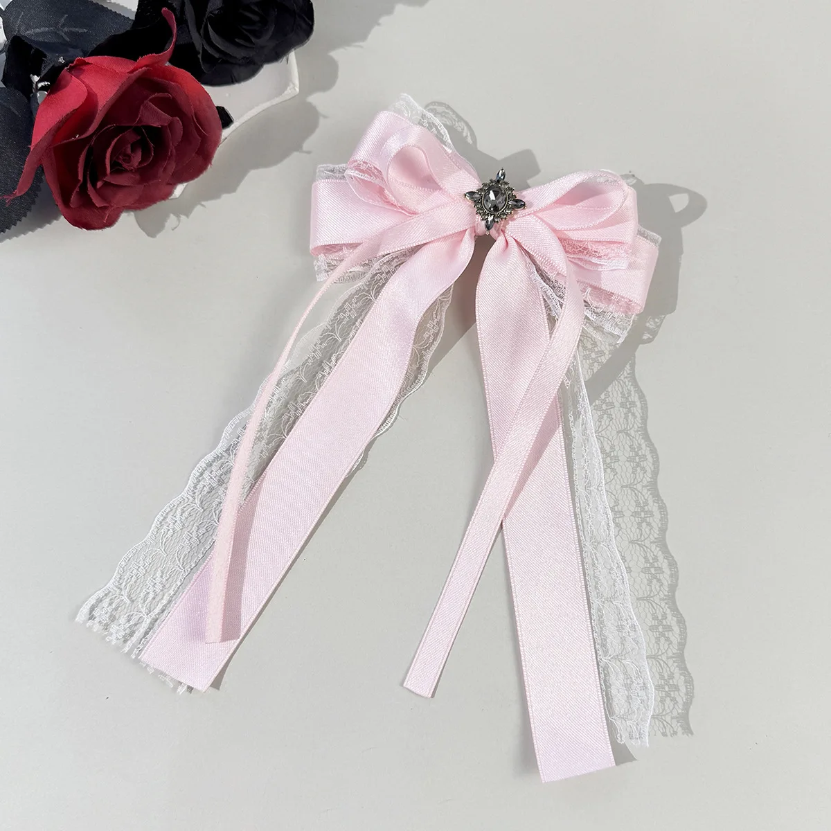 Gotische Schwarz-Rote Spitzen-Satin-Haarspange mit Vintage-Strass-Quaste, Lolita-Haaraccessoires für Alltag, Party und Hochzeit – Detail 8