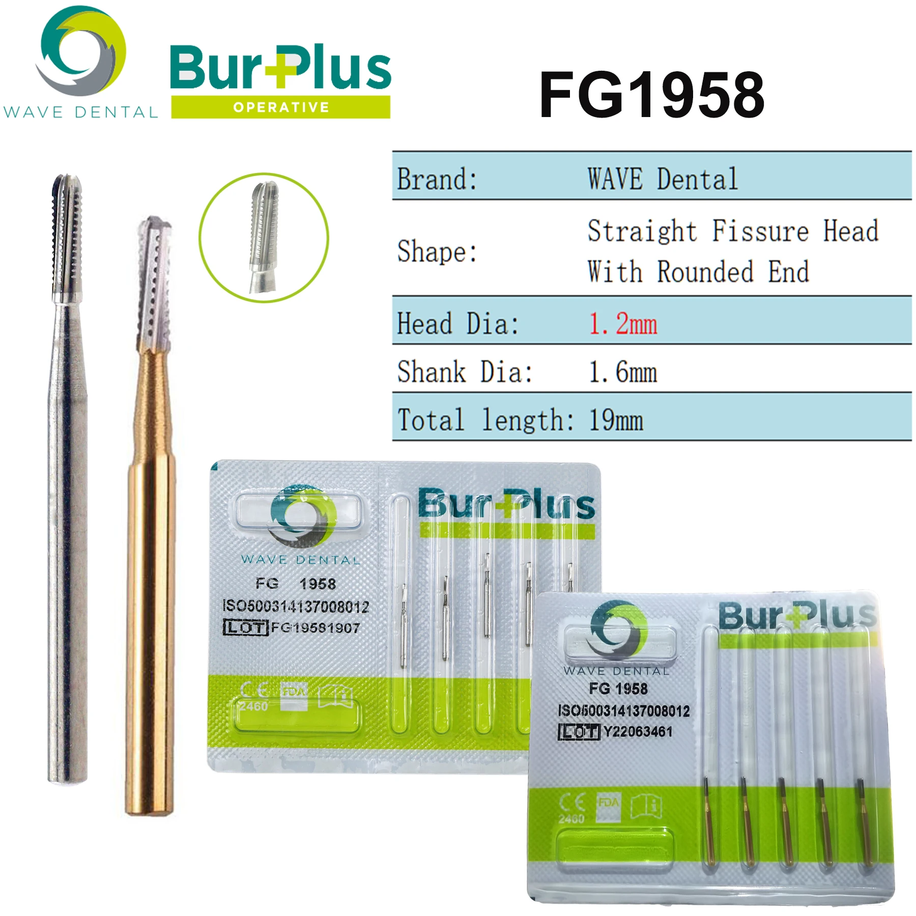 WAVE Dental Tungsten Carbide Bur Broken Crown Needle Straight Fissure Dome End High Speed Dental Drill Dentist Tools FG1958