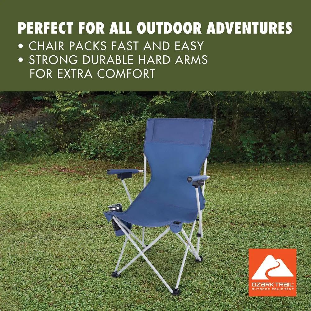 Portable Hard Arm Camping Chair With Cup Holder Steel Frame Durable Polyester Seat Folding Outdoor Seat For Camping Beach Picnic Fishing Patio