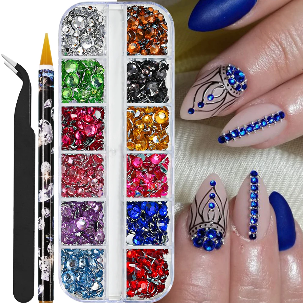 12Grids Helder Roze Mix Maten Nagelsteentjes 3D Plat Glanzend Kristal Diamant Nail Art Charms Kit met Puntjespen Pincet