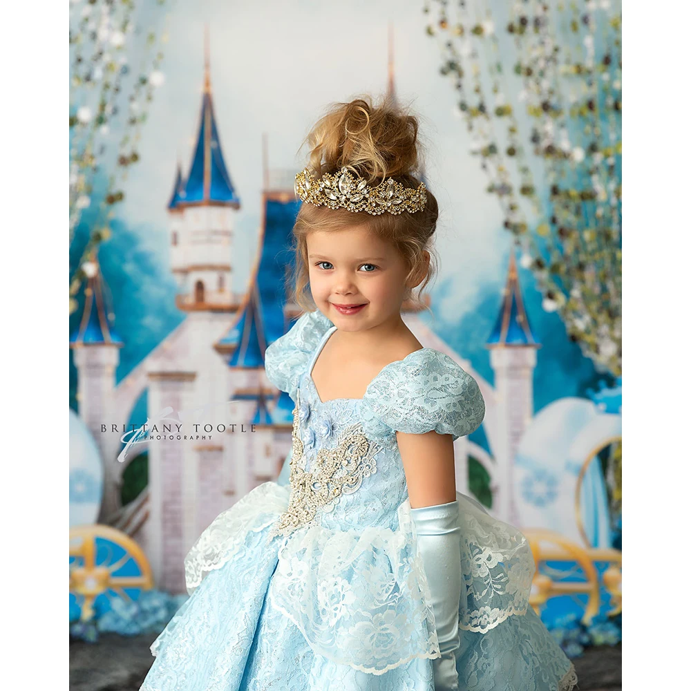 Dream Blue Castle Royal Carriage Photo Background Children Birthday Cake Smash Photography Backdrop Shiny Photo Studio Props