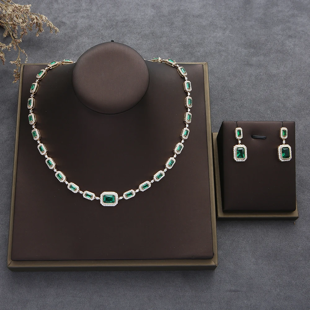 Luxury geometric block necklace earrings cubic zirconia women's Dubai African bride banquet party jewelry set S343