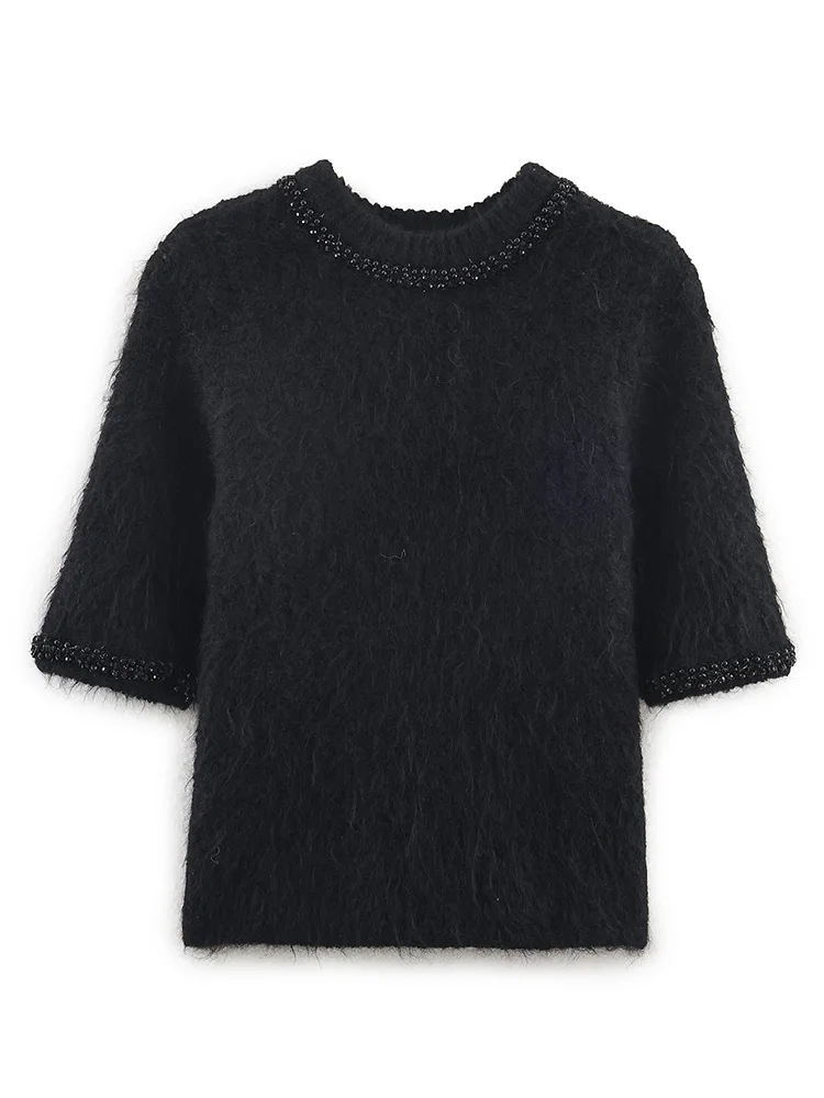 

HH женские весенние модные украшения из бисера, шорты с рукавами, круглый воротник, вязаный пуловер, женские свободные однотонные короткие топы