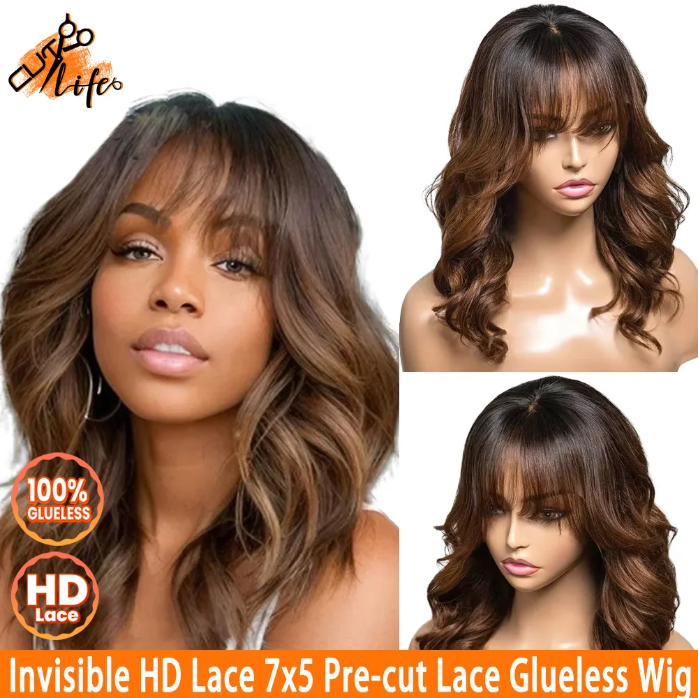 HD Lace Pretty Ombre Brown Body Wave Wig With Bangs 7x5 HD  display picture 1