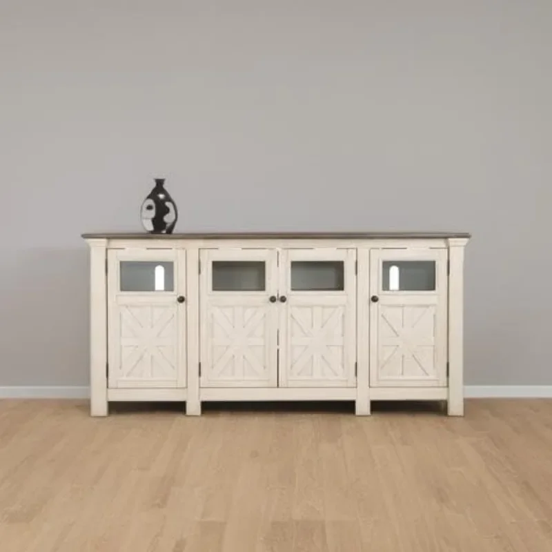 Signature Design by Ashley Bolanburg Two Tone Farmhouse TV Stand, Fits TVs up to 72", 3 Cabinets and Adjustable Storage Shelves