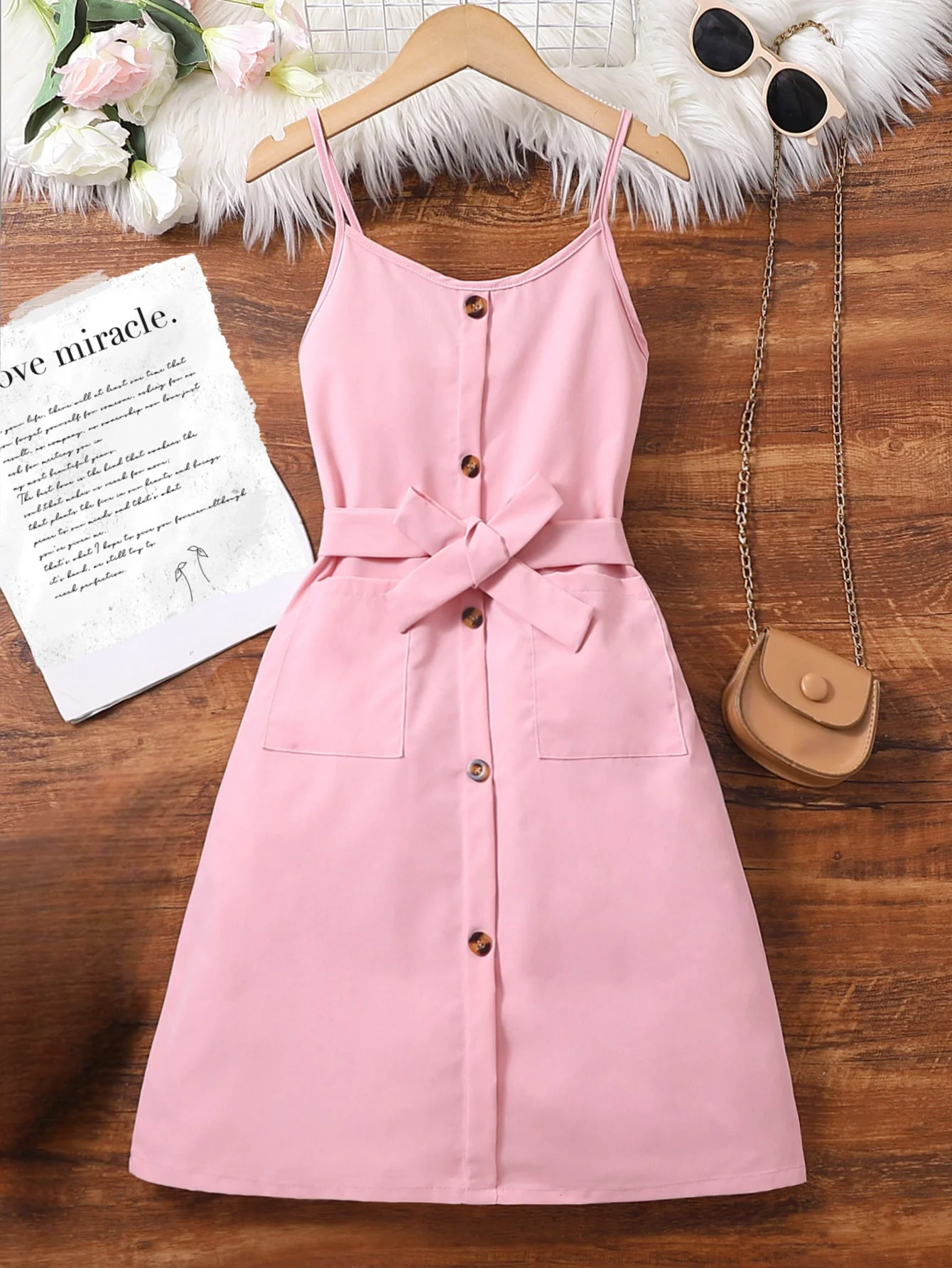 

Elegant pink suspender dress - belt design, summer fresh style