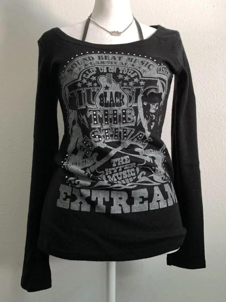 

Goth Grunge Printed Vintage Long-Sleeve T-Shirt Y2k Women's Spring Autumn Designer Trend Bottom Layer Top Tshirt Aesthetic Shirt