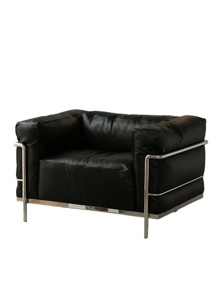 

Leather sofa medieval stainless steel Bauhaus living room leather art single sofa