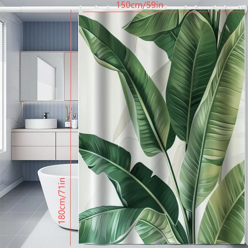 Botanical Palm & Leaf Curtain - HD Digital Print, Easy-Clean Polyester with Hooks Included for Quick Installation, Shower