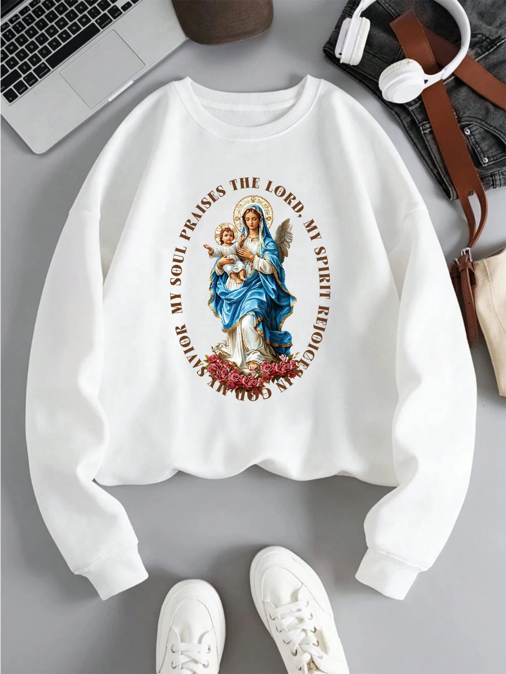 The Virgin Mary Sweatshirt Women Religious Belief Print Hoodie Loose Fleece Warm Crewneck Clothes Winter Sporty Womans Pullover