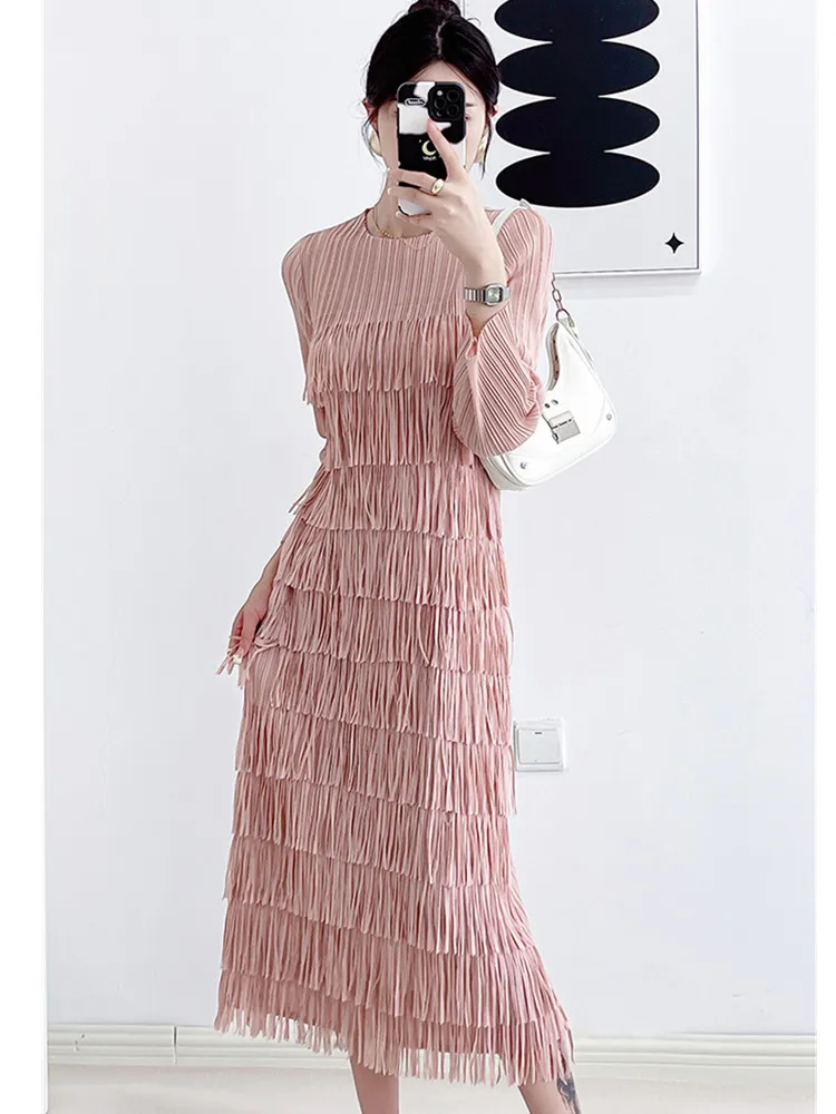 

SMTHMA Pleated Tassel Dress For Women Spring Autumn New Elegant Style Long Sleeve Cake Dresses High End Female Clothing