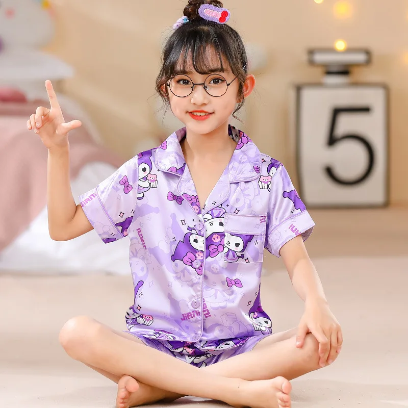 Pajama Girl Ice Silk Short Sleeve Cardigan Sweet Cute Cartoon Sleepwear Pyjamas Robe Children\'s Clothing Mother Kids