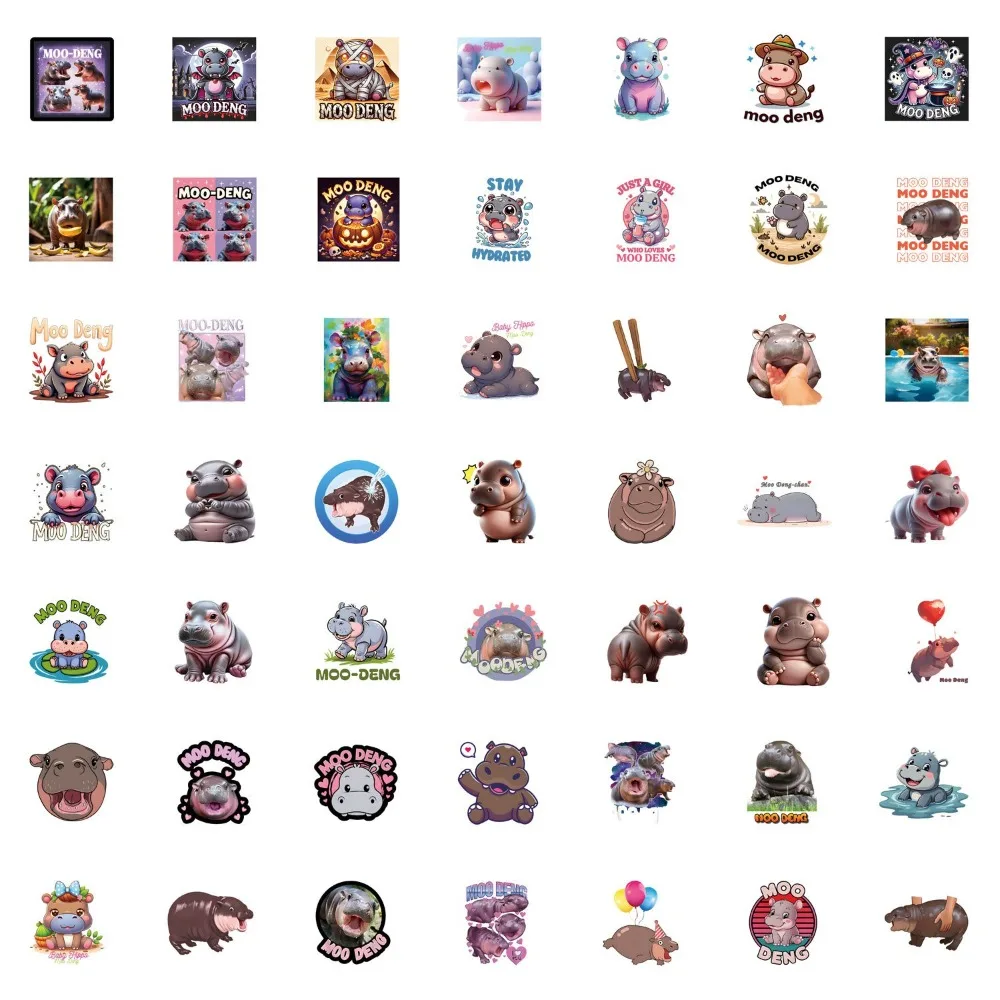 50PCS Moo Deng Stickers Hippo Cartoon Animal Sticker Scrapbook Luggage Laptop Guitar Decor Kawaii Hippopotamus Stickers