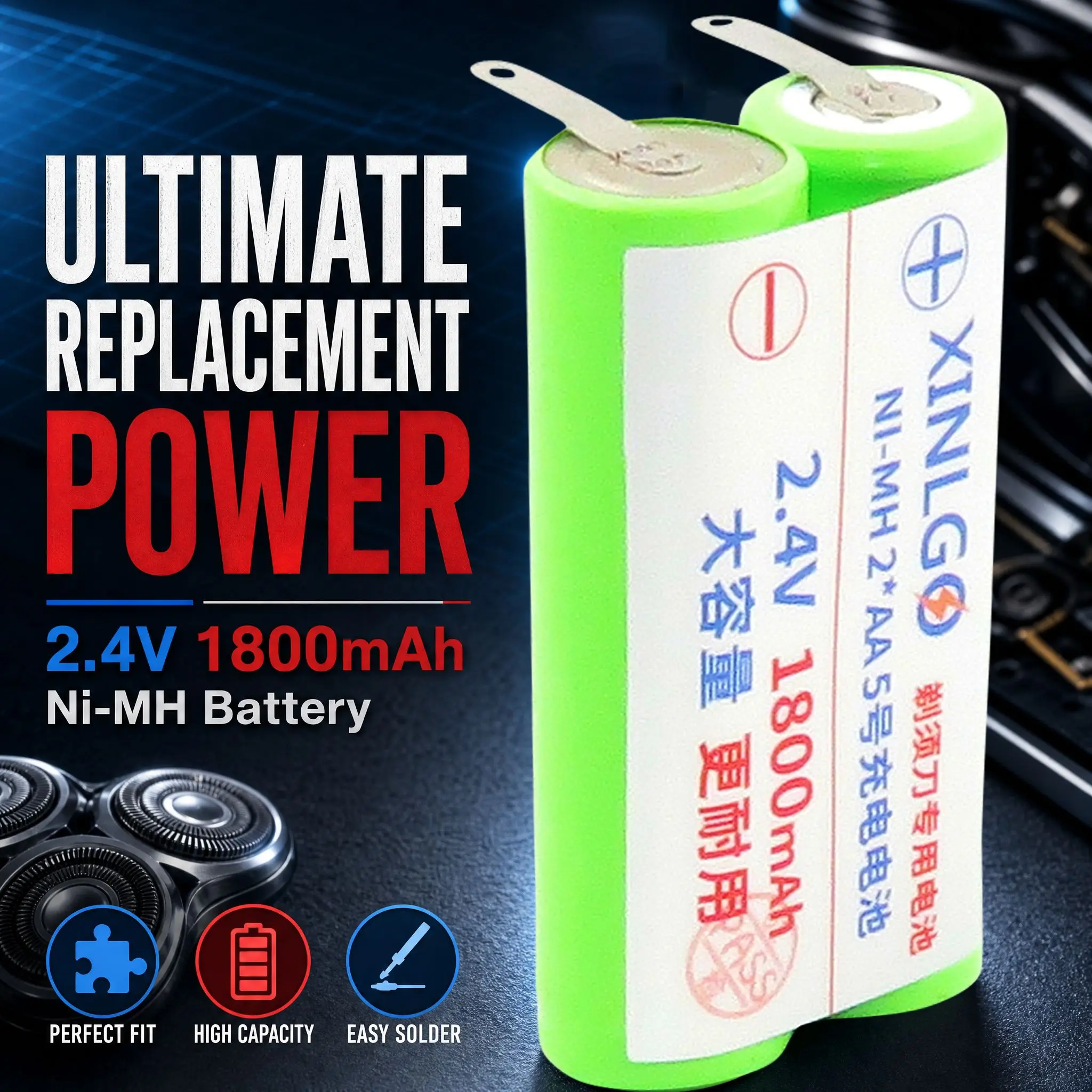 Batterie NiMH AA 2.4V avec 2 broches à souder, remplacement rechargeable pour rasoir électrique, tondeuse à barbe, alimentation durable à tension stable