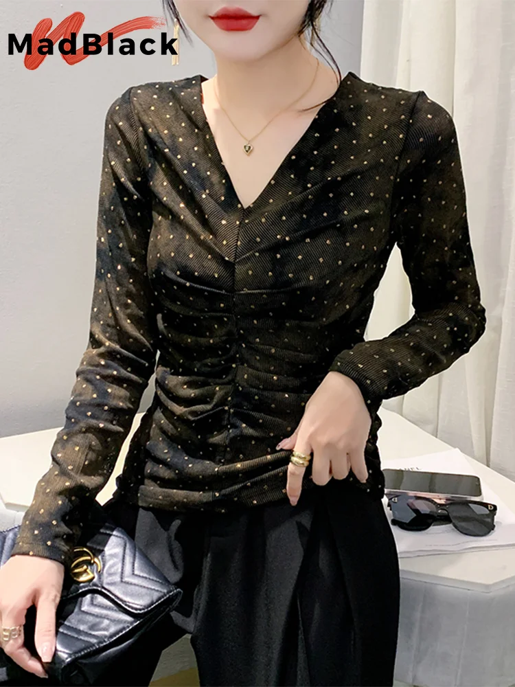 

MadBlack European Clothes Tshirts Women Sexy V Necks Hot Drilling Print Slim Top Long Sleeve Tee Autumn Spring 2023 New T39784JM