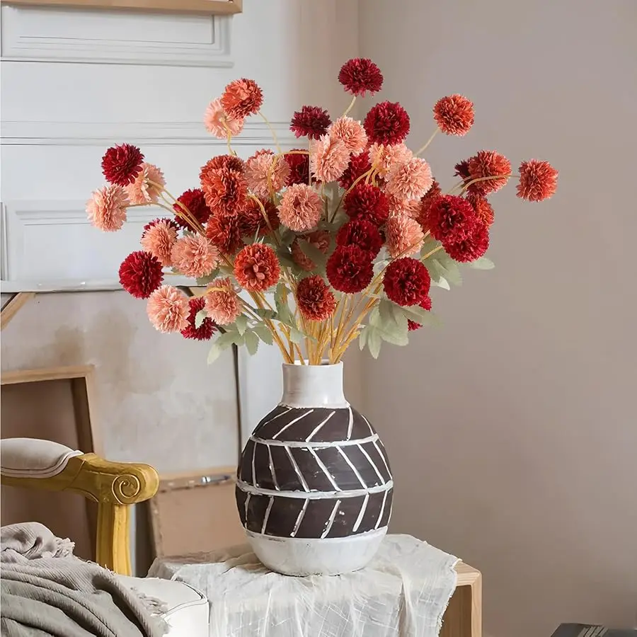 12 Pcs Artificial Chrysanthemum Flowers, Orange Kiku Pom Pom Mums Flower Faux Fall Floral for Autumn Halloween Kitchen Table Cen