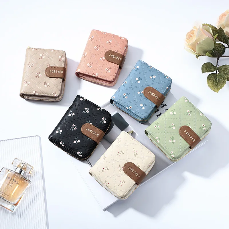 Fashion Women's Wallet Small Fresh Flowers Pattern Short Card Bag Multi-card Slot Card Holder Student Zipper Coin Purse 2024 New