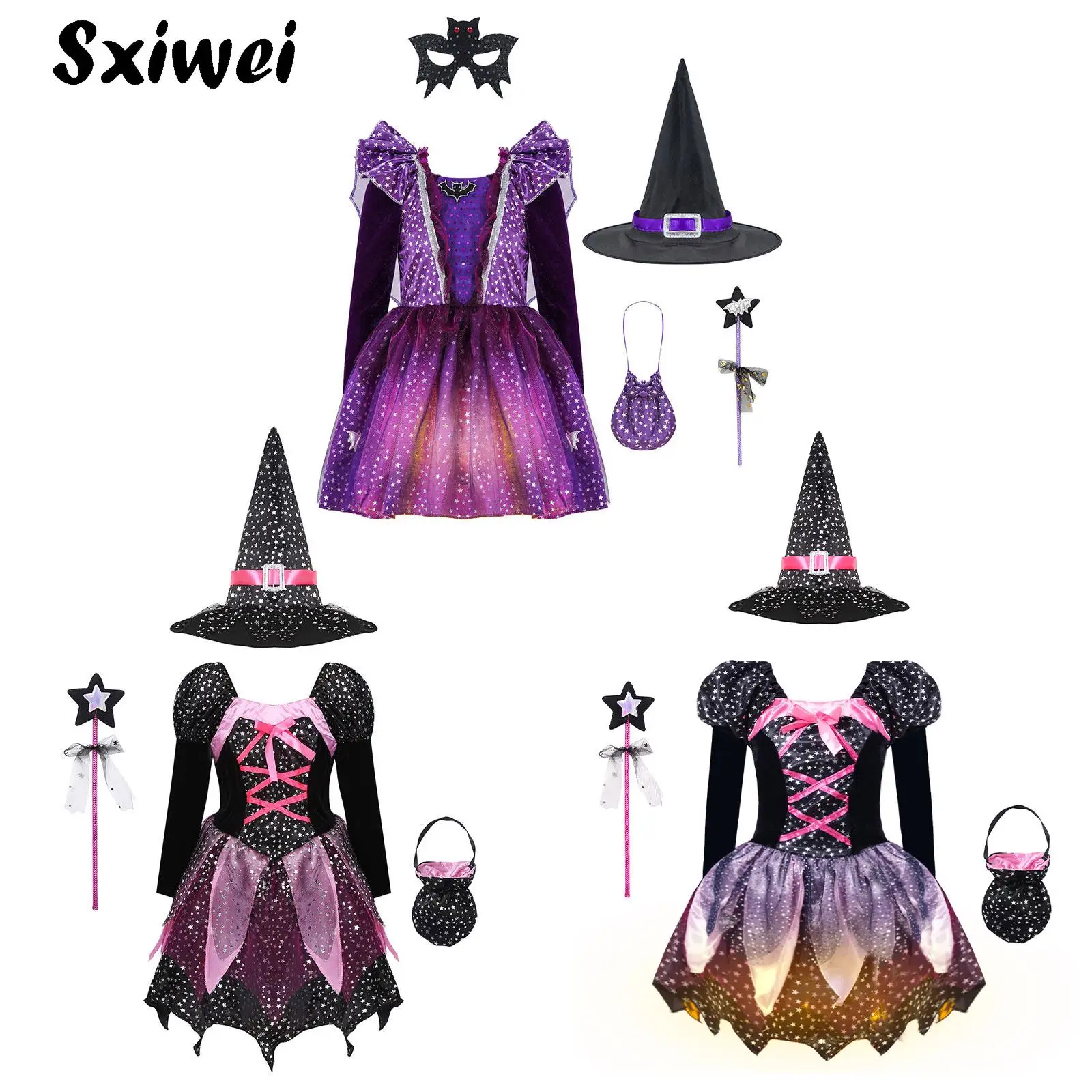 

4 Pieces Witch Clothing Set Dress+Hat+Wand+Bag Girls Halloween Wizard Costume New Kid Make up Party Hag Witch Apparel Vestidos