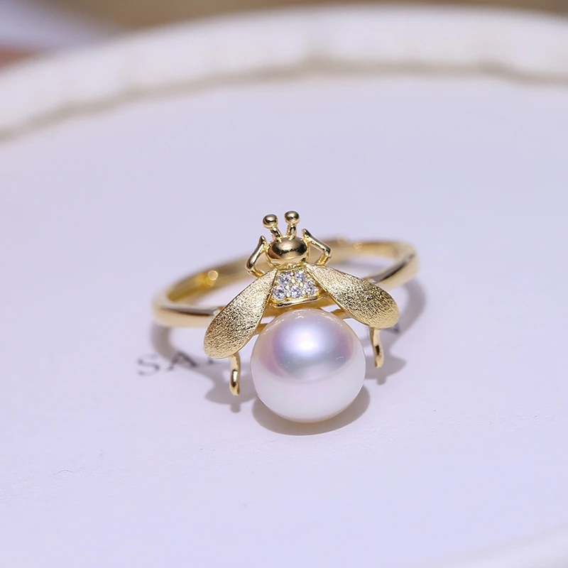 Bee Shape S925 Sterling Silver Adjustable Finger Ring Mountings Base Setting Findings Jewelry Mount for 7-9mm Pearls 3pcs/lot
