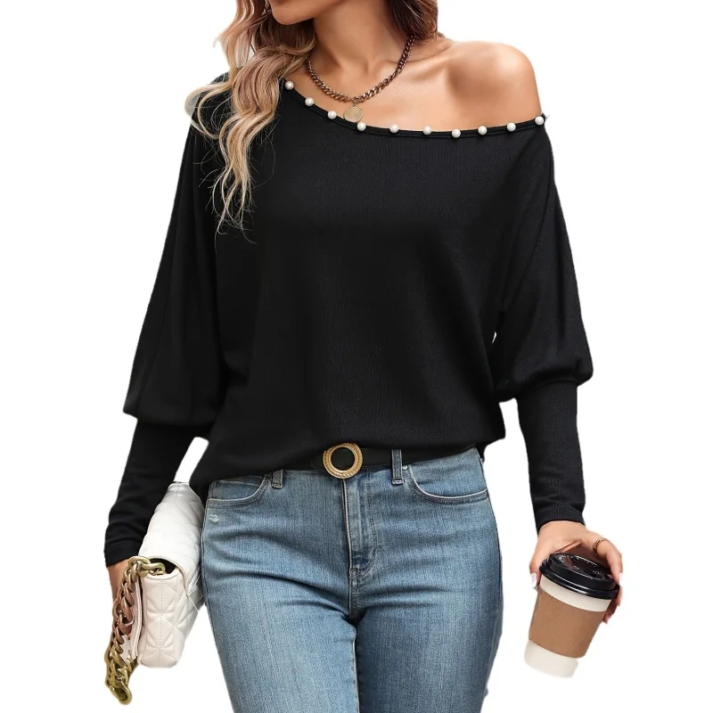 2023 New Autumn Fashion Pearl Oblique Neck Off Shoulder Long Sleeve Temperament Commuting Loose and Slim, Unique Women\'s Top