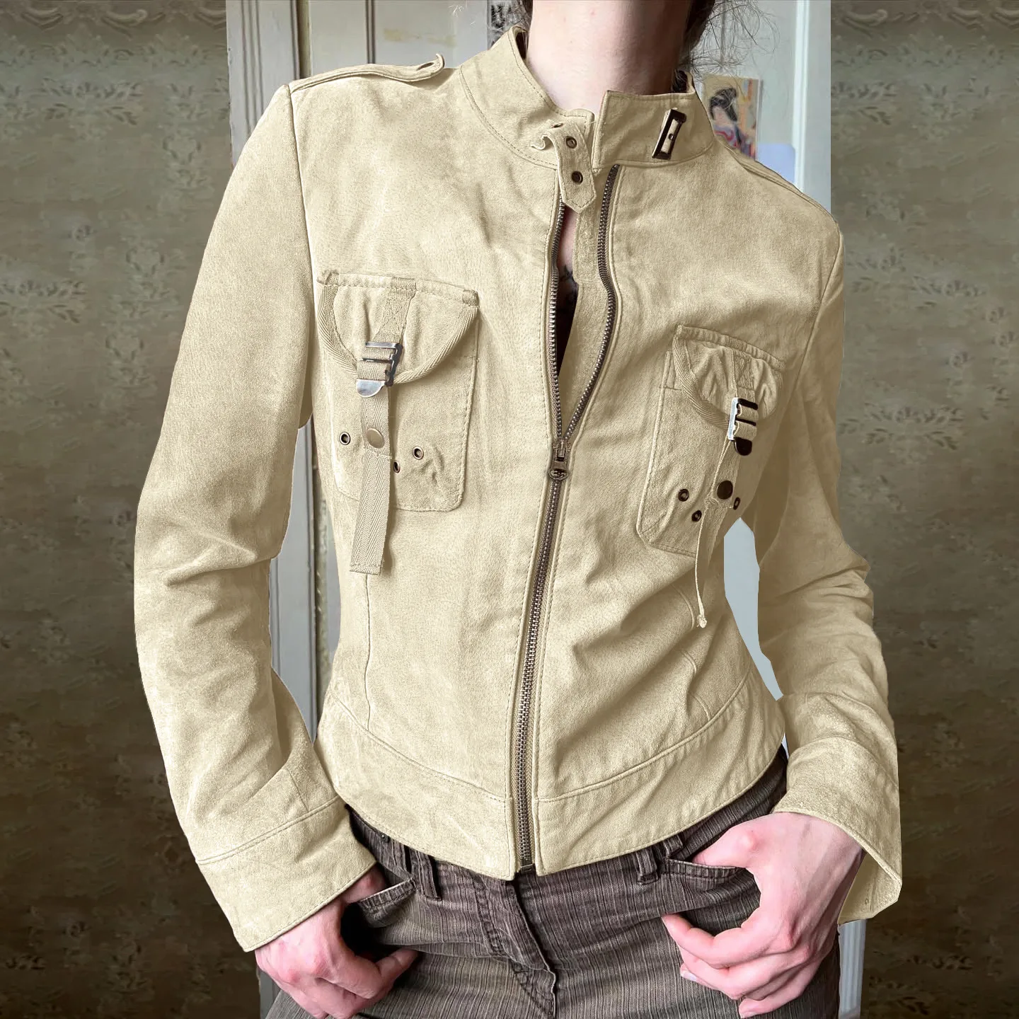 

Спецодежда в американском стиле ретро, джинсовая куртка с воротником-стойкой и карманами, крутое уличное шикарное пальто на молнии для девочек, сексуальная верхняя одежда