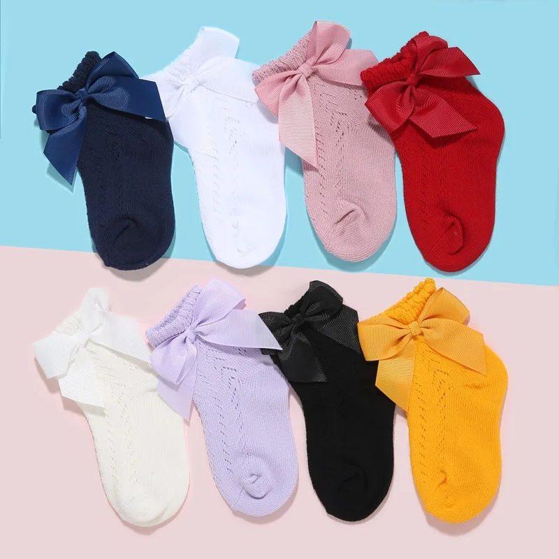 Baby Girls Socks With Big Bows Breathable Toddler Girl Short Socks Hollow Out Toddlers Cotton Princess Kids Sock For 0-5Years