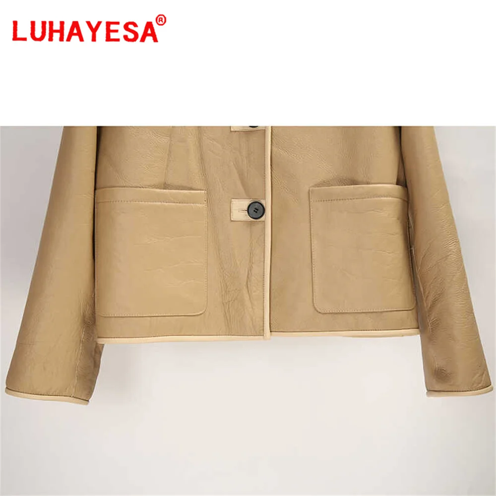 2024 Australia Merino Sheepskin Lamb Fur Shearling Jacket Women Winter Fashion Short Simple Designed Khaki Real Fur Coat