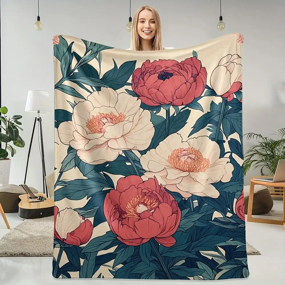 1pc Peony leaf patterned blanket, made of polyester, machine washable, suitable for bedroom and living room décor.