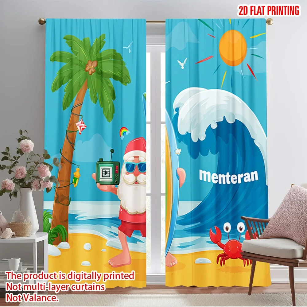 2pcs,2D plane printing Window Curtain Santa Surfing Beach Versatile 100% Polyester (without rod) Festive Perfect for Bedroom,