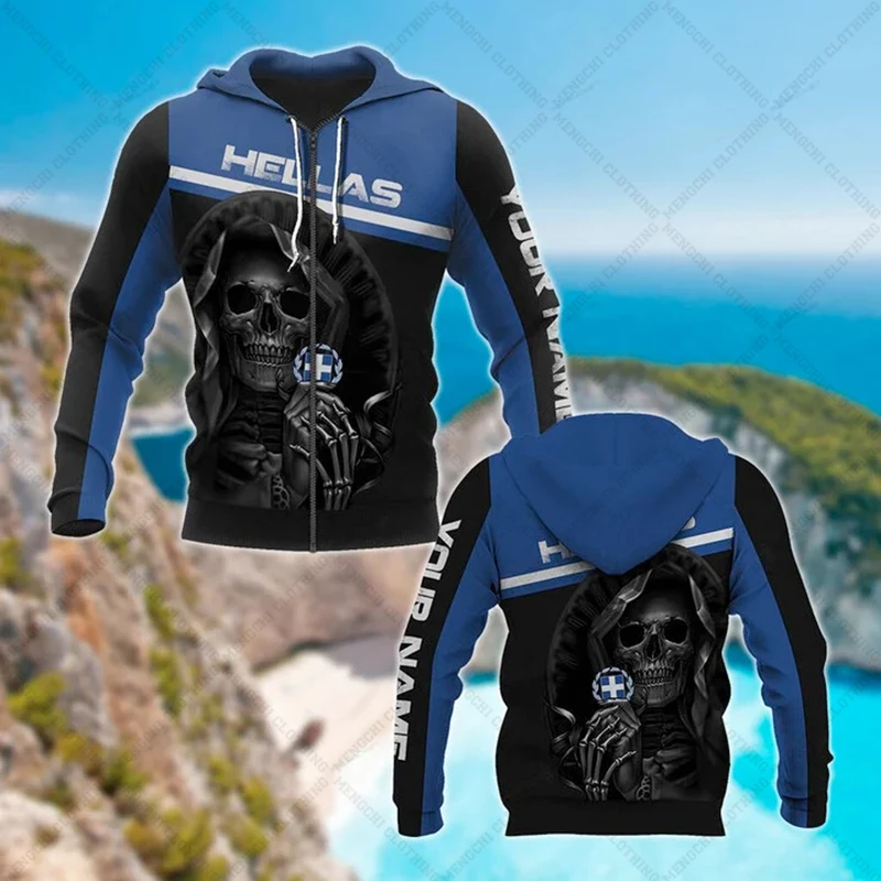 Custom Name Greece Flag Skull Pattern Zipper Hoodies Unisex Oversize Sweatshirts Winter Casual Streetwear Tops Pullover