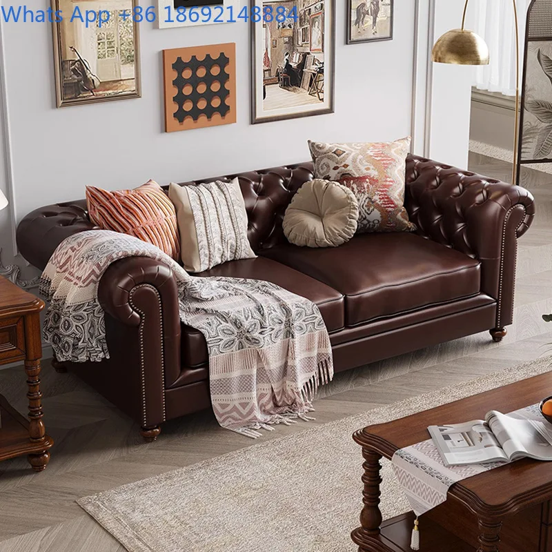 Classic American Country Living Room Sofa Set with Tufted Design Genuine Leather and Solid Wood Frame for Villa Decor