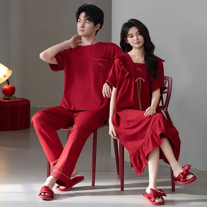 

Лето 2026, ночные рубашки из 100% хлопка с короткими рукавами для пар, одежда для сна, ночное платье, ночная рубашка, мужская пижама, домашняя одежда, одежда
