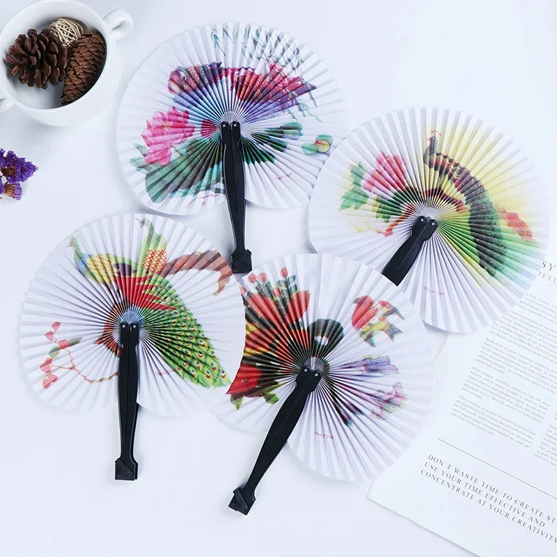 Mini Hand-held Round Paper Blower, Chinese Style, Small Flower-and-bird Painting, Foldable Blower, Decorative Gift, Summer, 1PCS