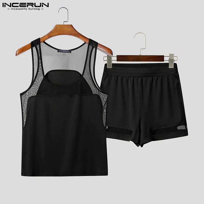 INCERUN hommes ensembles maille Patchwork col rond sans manches débardeurs et shorts deux pièces ensembles voir à travers Streetwear mode hommes costumes