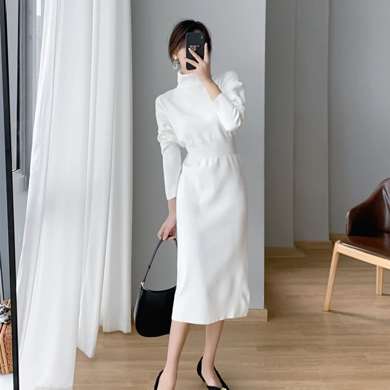 Women\'s Turtleneck 2024 Autumn Black Elegant Long Sleeve Knitted Dress White High Waist Knit Bodycon Midi Sweater Dresses Simpl