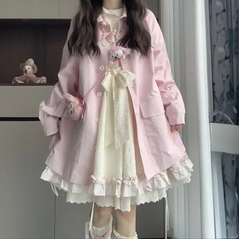 

Платье цвета хаки в японском стиле с милым галстуком, женская студенческая многослойная розовая рубашка с длинными рукавами, комплект из 2 предметов