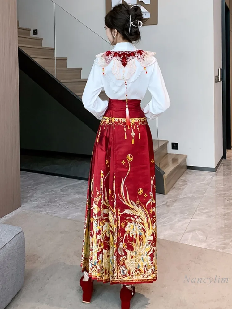 Hanfu-vestido de compromiso de estilo chino para mujer, conjunto de falda roja con cara de caballo, traje de estilo nacional, otoño e invierno, nuevo