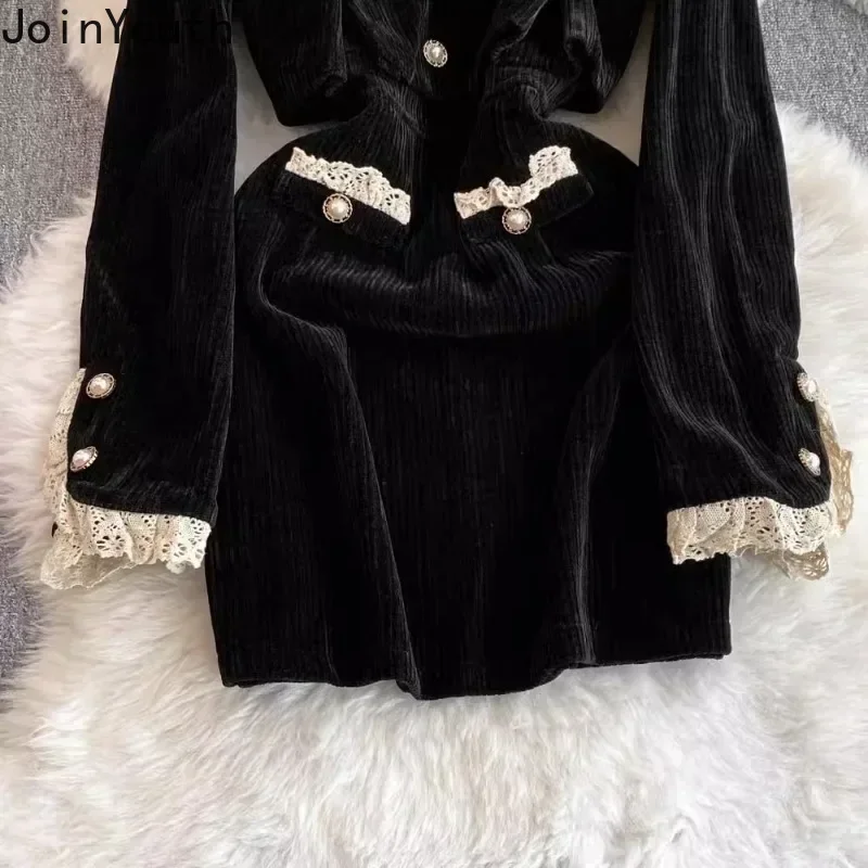 Black Fake Two Dresses Women V-Neck Slim Fit Robe Femme  2024 Vestidos De Mujer Patchwork Lace Elegant Vintage Corduroy Dress