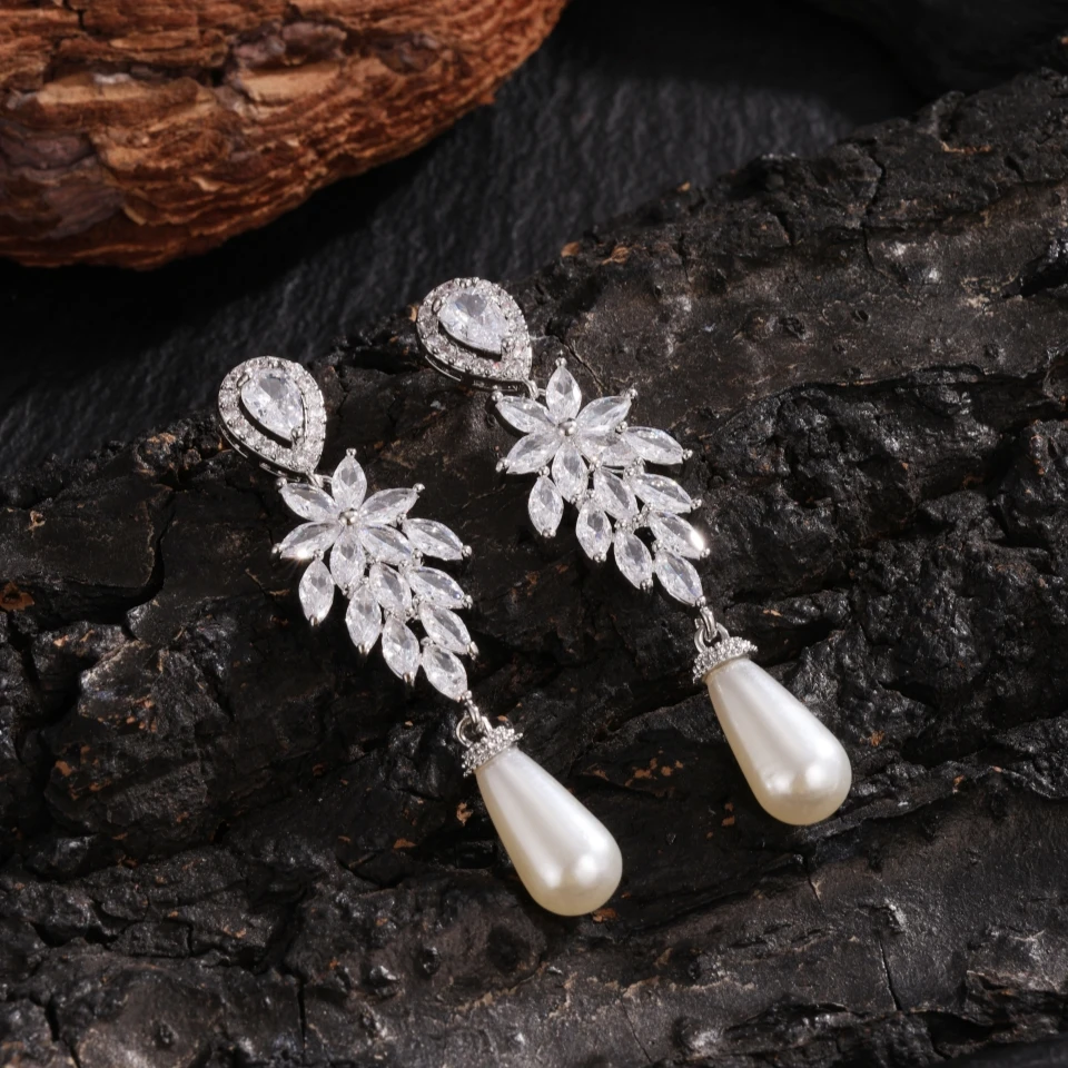 ZAKOL Luxury Bridal Dangle Earrings for Women Fashion Zircon Leaf Wedding Party Jewelry