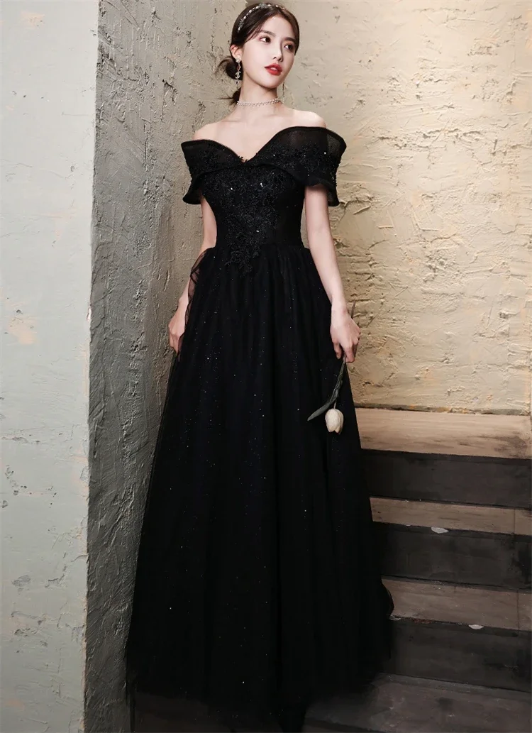 Formal gowns women evening dresses luxury ladies black sequin one-shoulder puff sleeve long dress modest evening dress