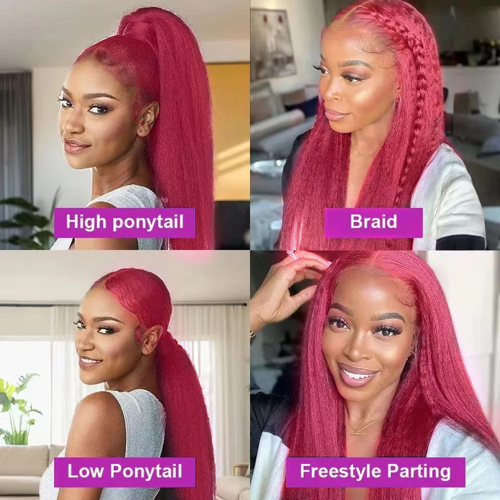 Perruque Full HD Lace Front Wig sans colle naturelle, cheveux crépus lisses, couleur rouge bordeaux 99J, densité 250, 30 pouces, 360